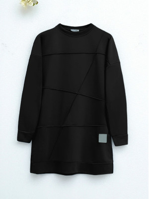 Çima Desenli Bisiklet Yaka Tunik -Siyah