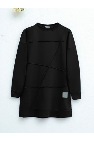 Çima Desenli Bisiklet Yaka Tunik -Siyah