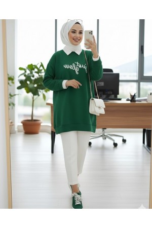 Baskılı Penye Sweat -Zümrüt