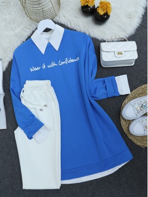 Baskılı Penye Sweat  -Mavi