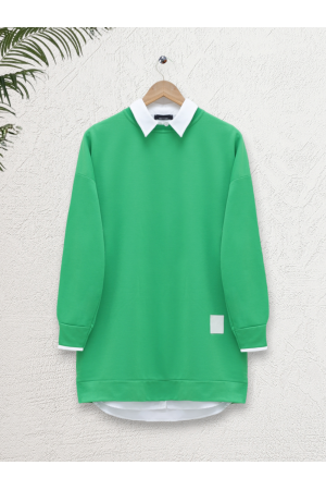 Bisiklet Yaka Yırtmaçlı Penye Tunik  -Yeşil