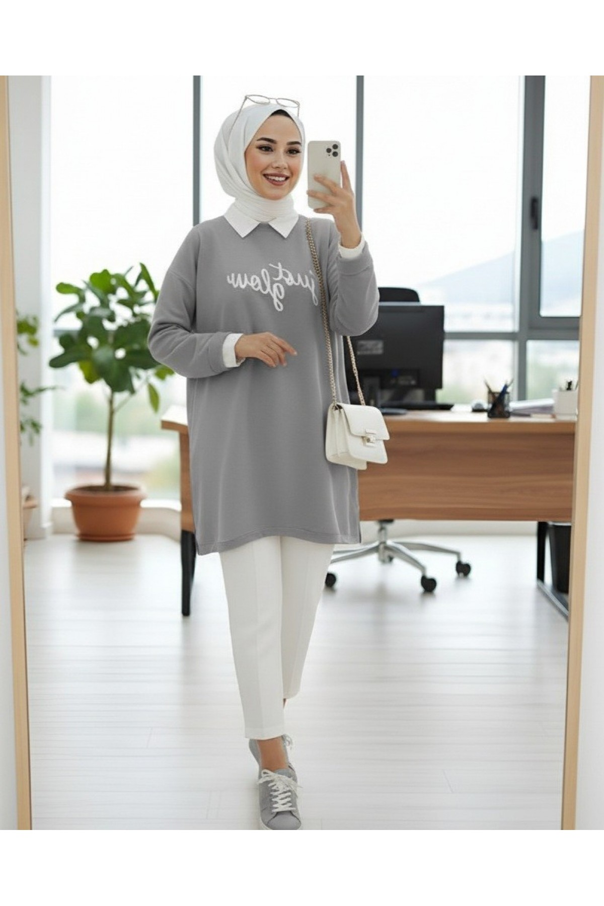 Baskılı Penye Sweat -Gri