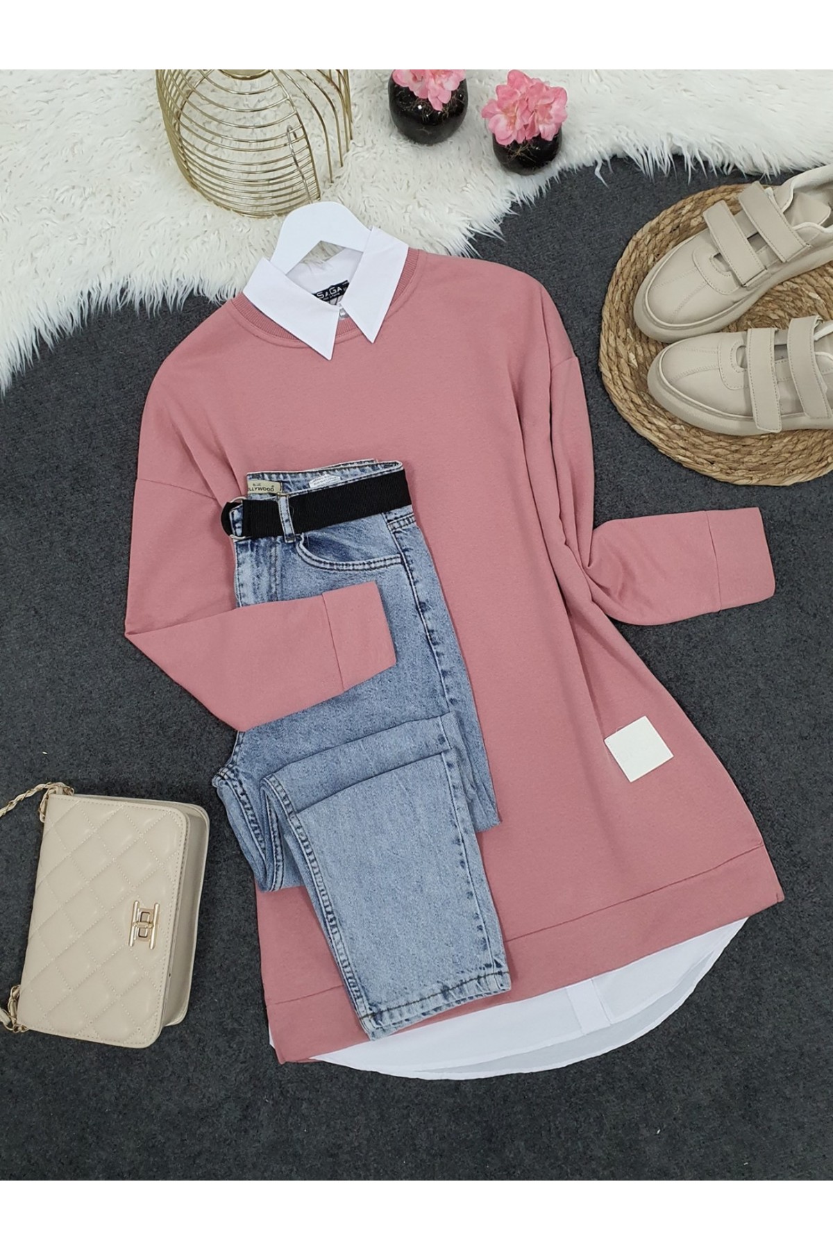 Crew Neck Slit Combed Cotton Tunic -Dried rose