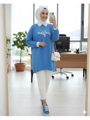 Baskılı Penye Sweat -Mavi