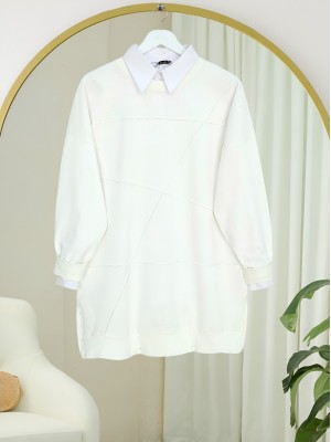 Round Neck, Slit, Loose Combed Cotton Tunic -White