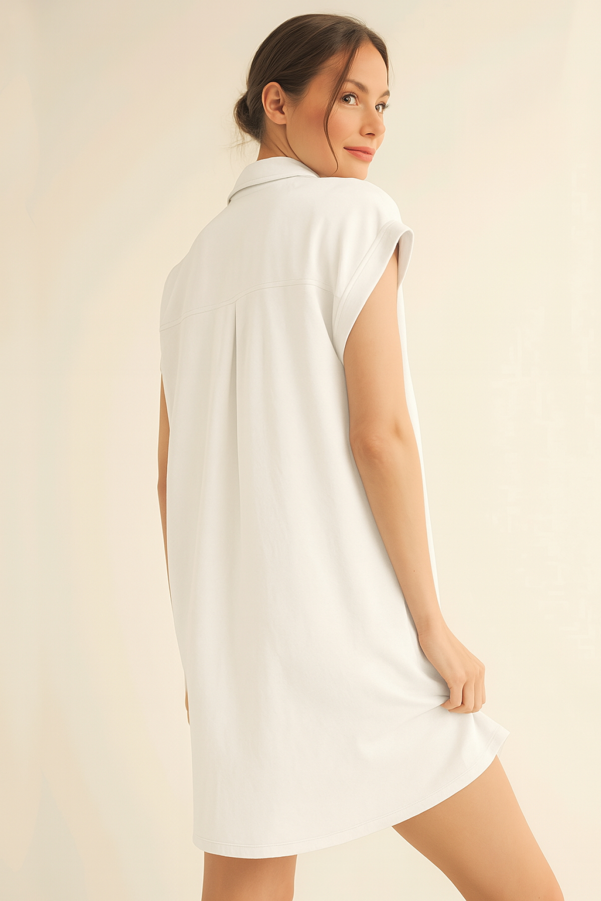 Shirt Collar Pocketed Single Jersey Combed Cotton Dress -White detay görseli