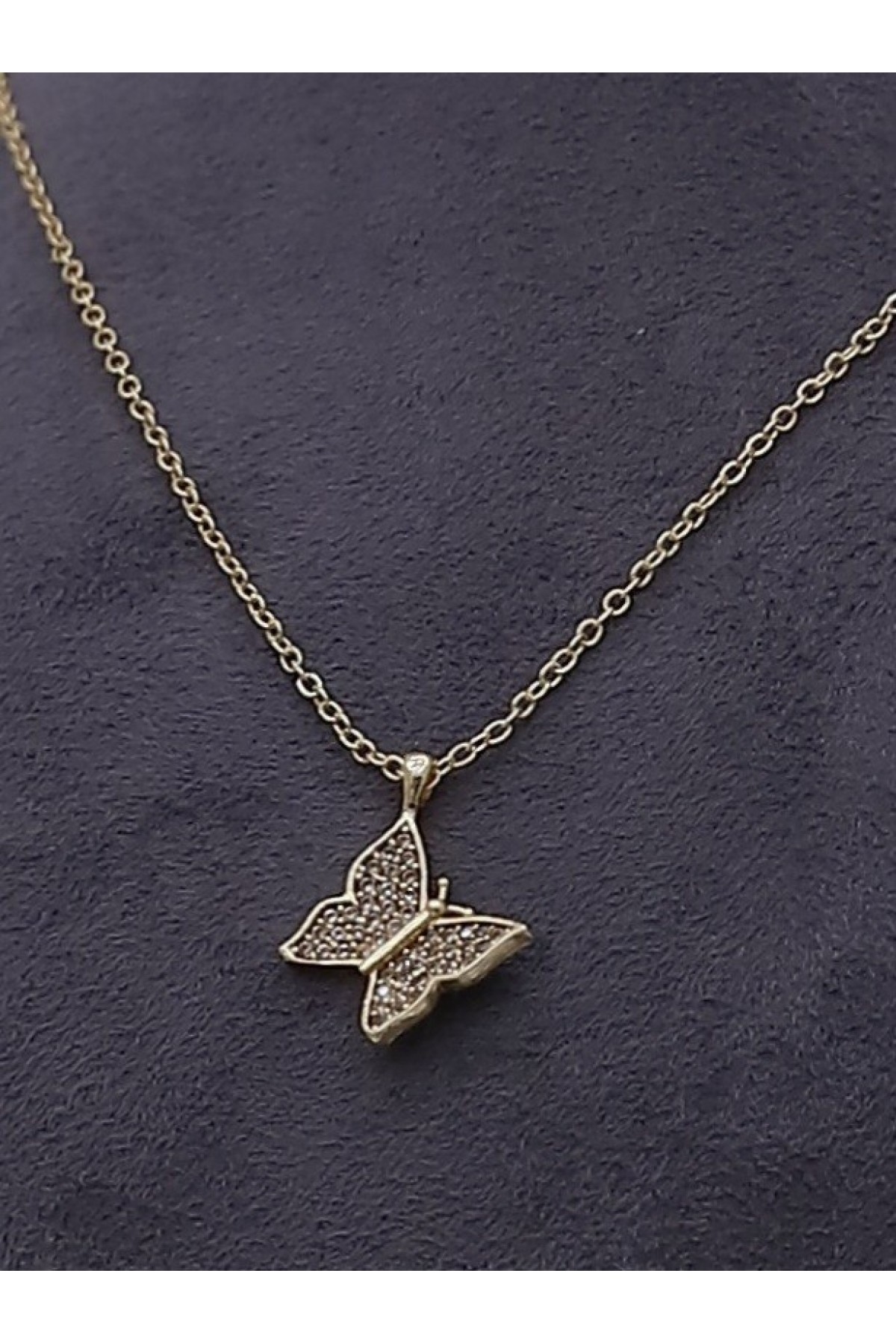 Yoğun Taşlı Kelebek Motifli Solmayan Zirkon Kolye -Altın
