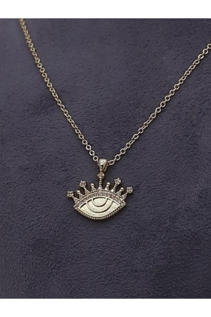 Taçlı Göz Motifli Solmayan Zirkon Kolye -Altın
