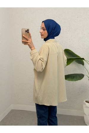 قميص منقوش بأزرار -اللون البيج