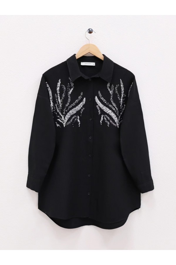 Sequined Long Shirt with Front Sequins -Black