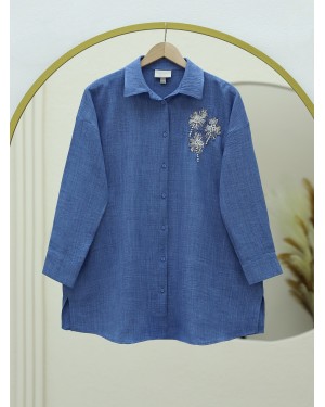 Slit Shirt with Floral Embroidered Chest -Blue