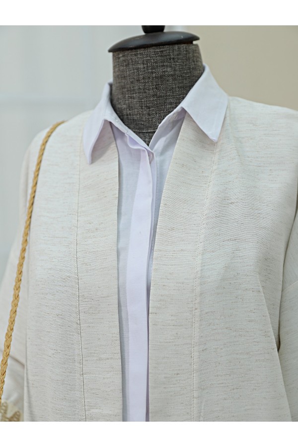 Linen Kimono with Tassel Detail on Sleeves and Skirt -Stone