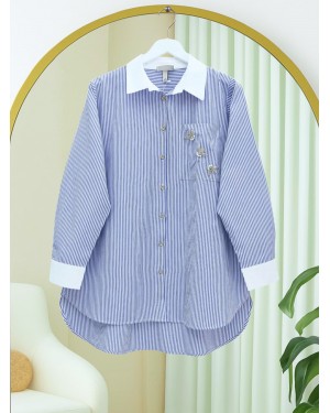Striped Shirt With Stone Embroidery On The Pocket -Blue