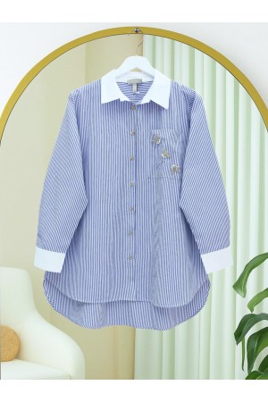 Cep Üzeri Taş İşlemeli Çizgili Gömlek -Mavi