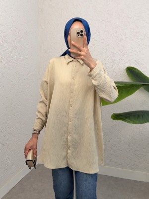 Boydan Düğmeli Desenli Gömlek -Bej