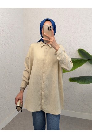قميص منقوش بأزرار -اللون البيج