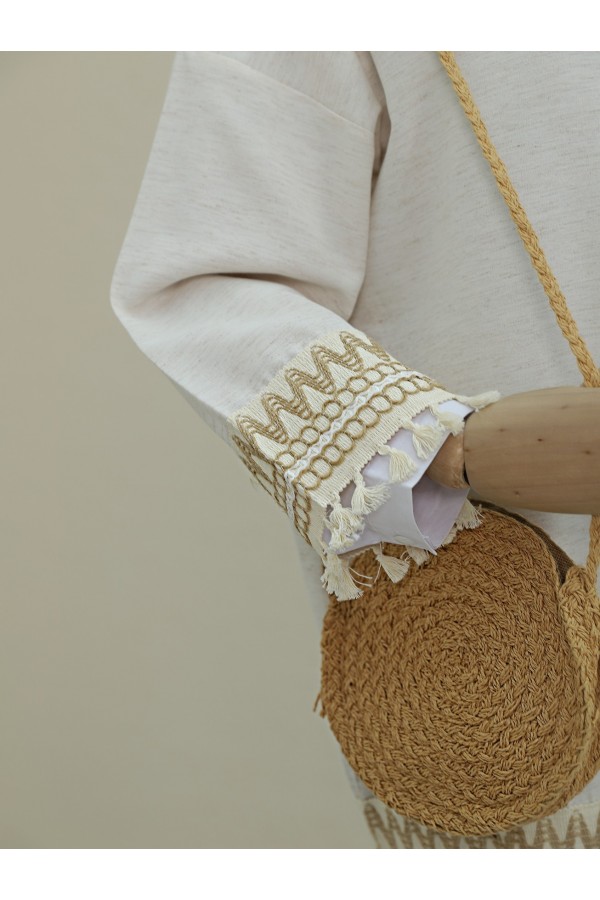 Linen Kimono with Tassel Detail on Sleeves and Skirt -Stone