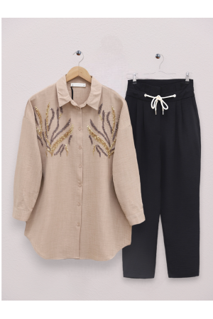 Önü Pul Payetli Uzun Gömlek -Vizon