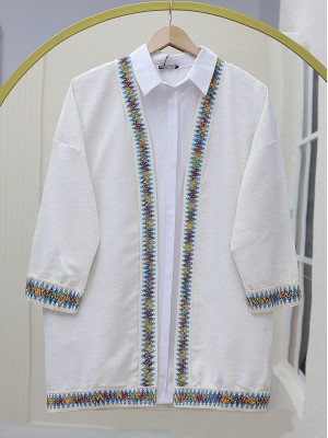Renkli Şerit Detaylı Keten Kimono -Taş