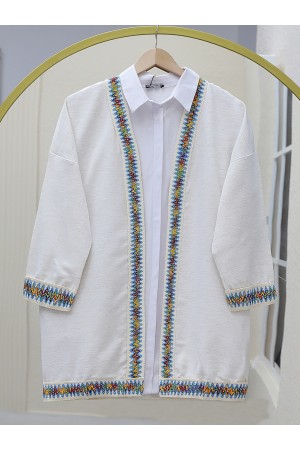 Renkli Şerit Detaylı Keten Kimono -Taş