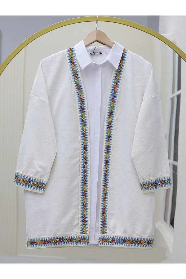 Colorful Stripe Detailed Linen Kimono -Stone