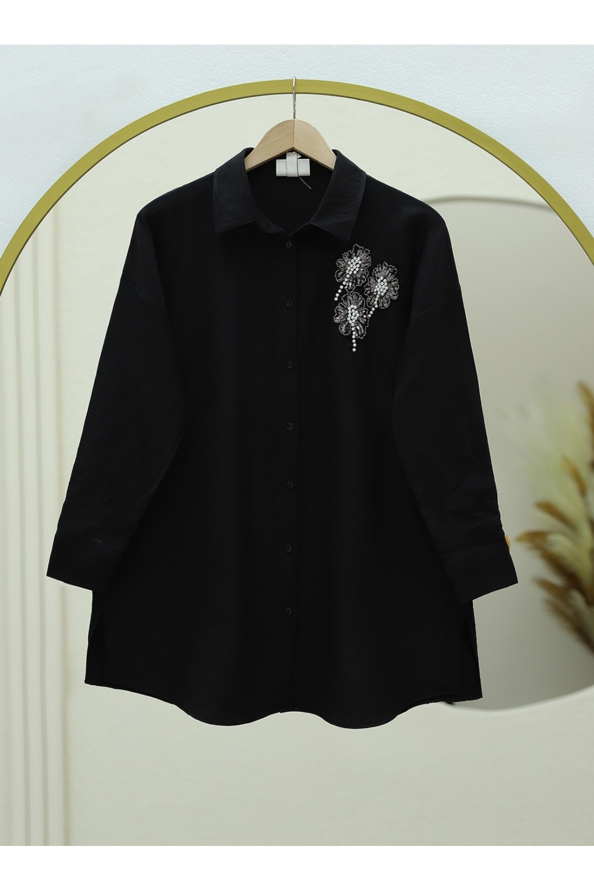 Slit Shirt with Floral Embroidered Chest -Black
