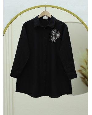 Slit Shirt with Floral Embroidered Chest -Black