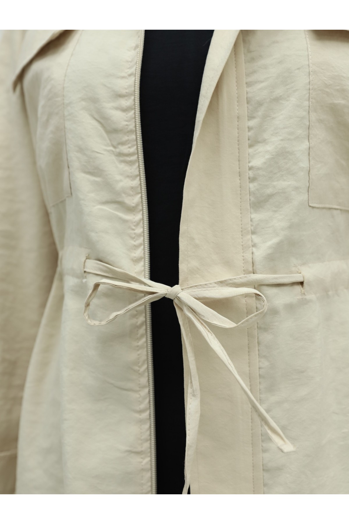 Laced Waist Zippered Trench Coat - Beige detay görseli