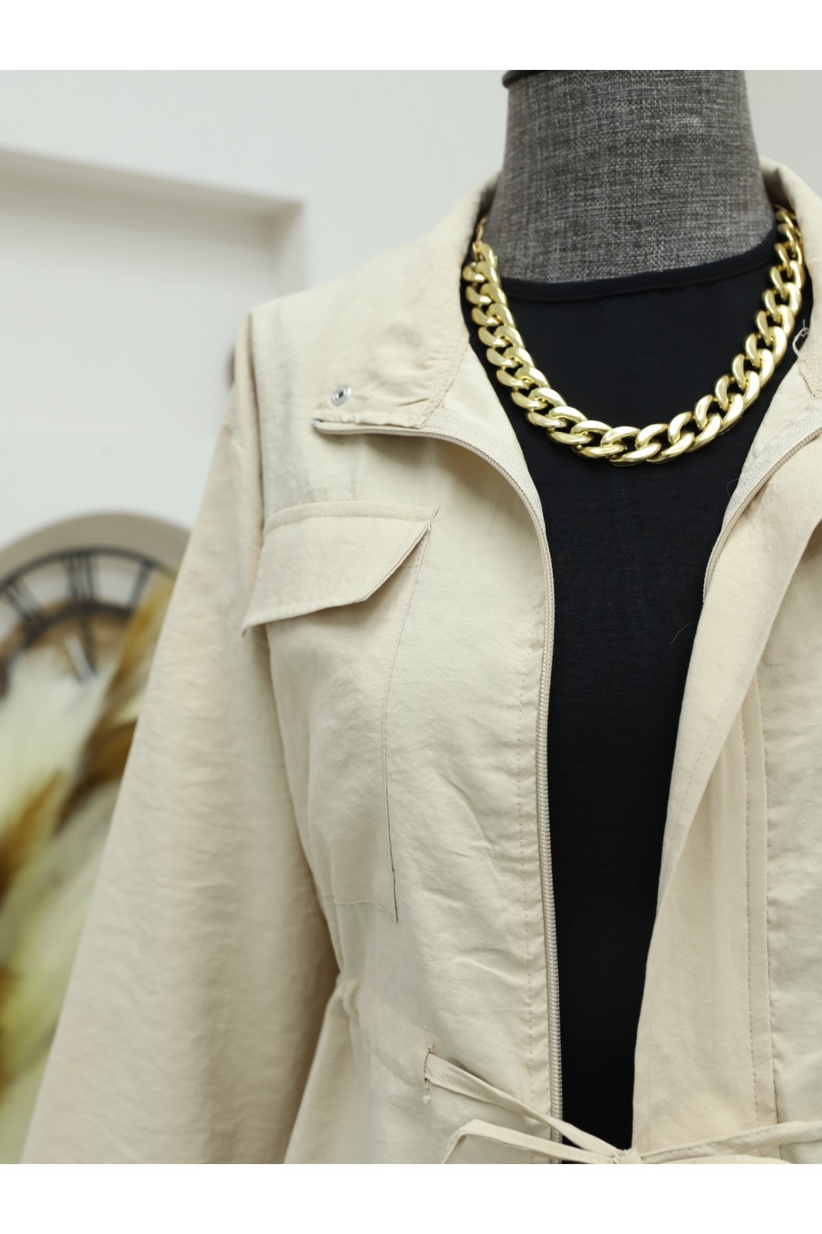 Laced Waist Zippered Trench Coat - Beige