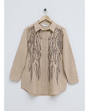 Pul Payet İşlemeli Düğmeli Gömlek -Vizon