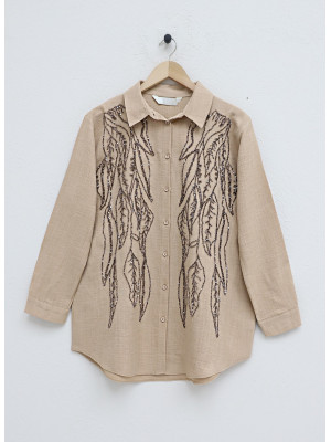 Pul Payet İşlemeli Düğmeli Gömlek -Vizon