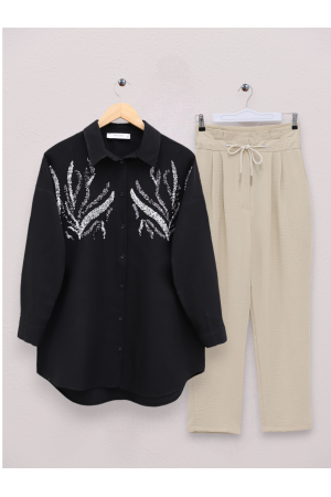 Önü Pul Payetli Uzun Gömlek -Siyah