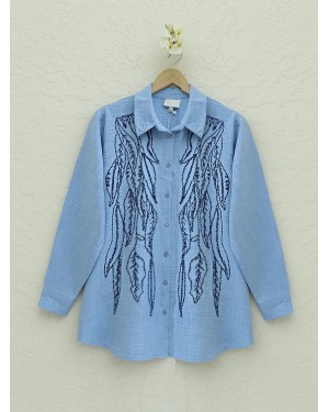 Pul Payet İşlemeli Düğmeli Gömlek  -Bebe Mavi