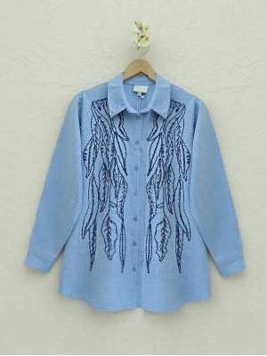 Pul Payet İşlemeli Düğmeli Gömlek  -Bebe Mavi