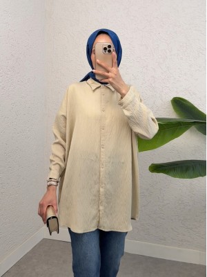 Boydan Düğmeli Desenli Gömlek -Bej