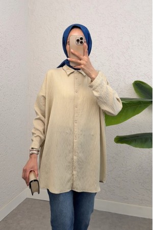 Boydan Düğmeli Desenli Gömlek -Bej