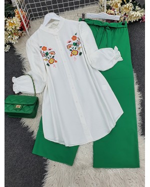 Nakış Detaylı Hakim Yaka Kolu Lastikli Keten Gömlek -Ekru