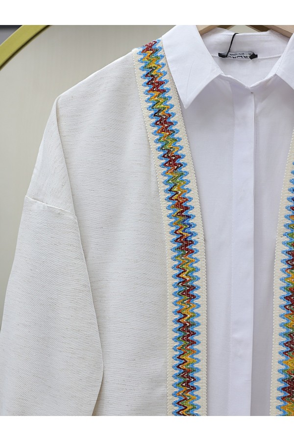 Colorful Stripe Detailed Linen Kimono -Stone