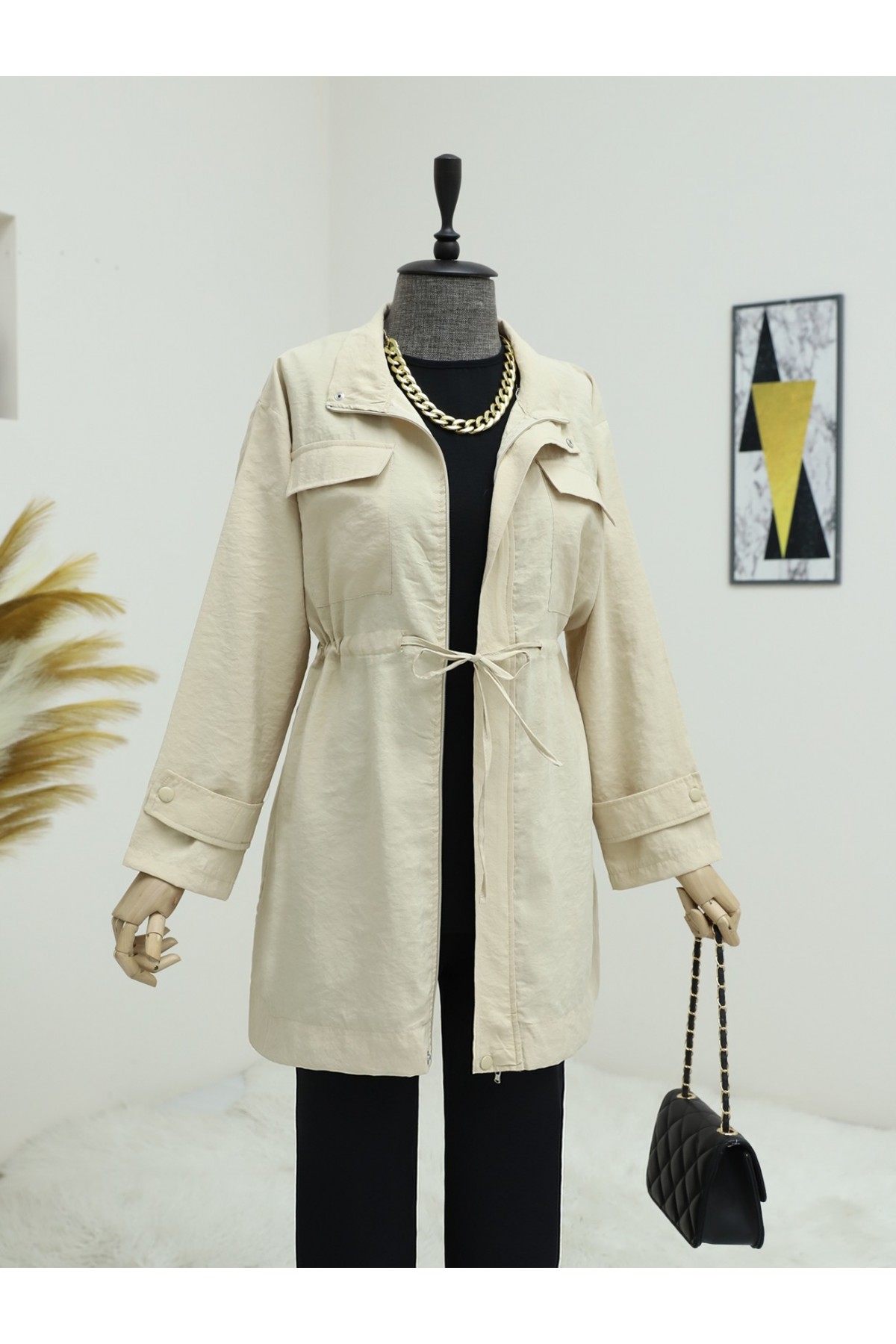 Laced Waist Zippered Trench Coat - Beige