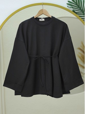 Slit Waist Tied Sweater with Stitching Detail -Black