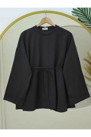Dikiş Detaylı Yırtmaçlı Beli Bağlamalı Sweat -Siyah
