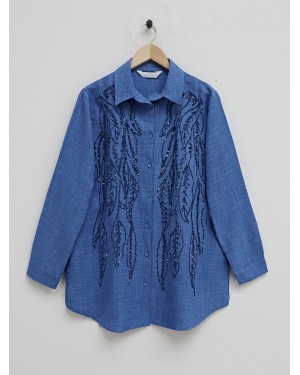 Pul Payet İşlemeli Düğmeli Gömlek -İndigo