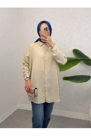 قميص منقوش بأزرار -اللون البيج