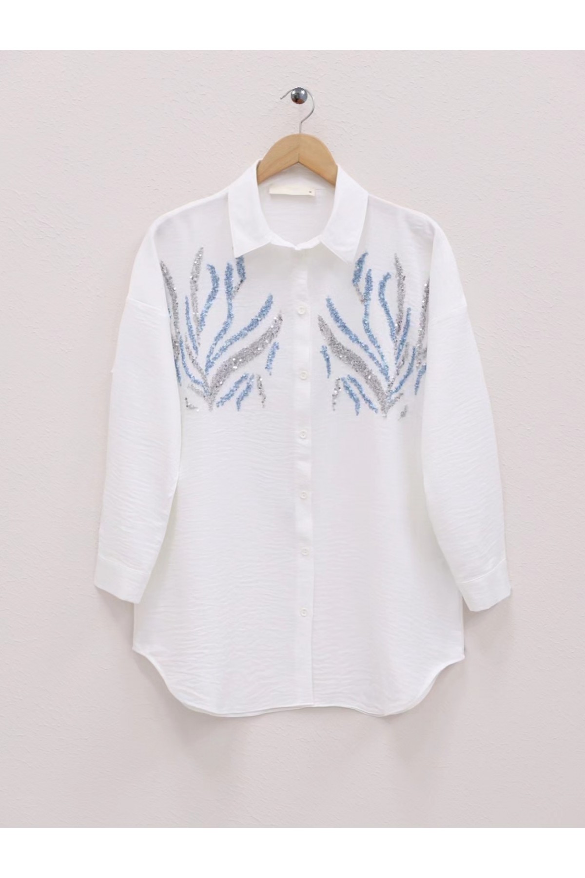 Sequined Long Shirt with Front Sequins -White