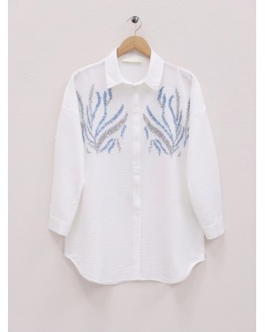 Önü Pul Payetli Uzun Gömlek -Beyaz