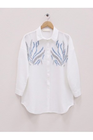 Önü Pul Payetli Uzun Gömlek -Beyaz