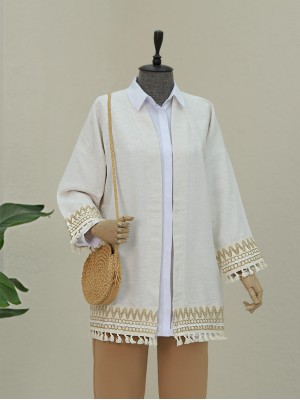 Linen Kimono with Tassel Detail on Sleeves and Skirt -Stone