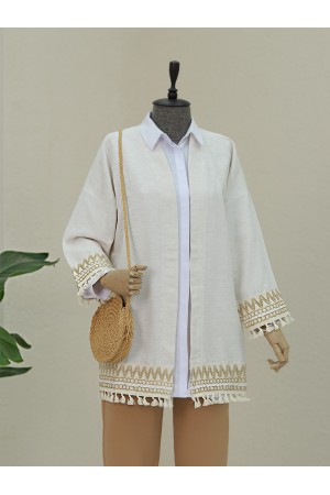 Kolu ve Eteği Püskül Detaylı Keten Kimono -Taş