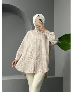 Boydan Düğmeli Arkası Uzun Çizgili Gömlek -Taş