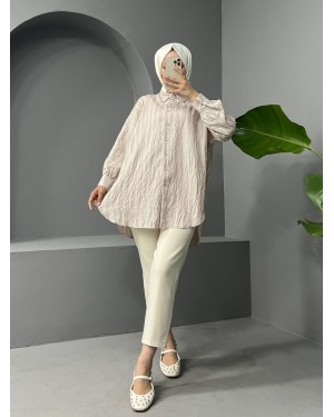 Boydan Düğmeli Arkası Uzun Çizgili Gömlek -Taş